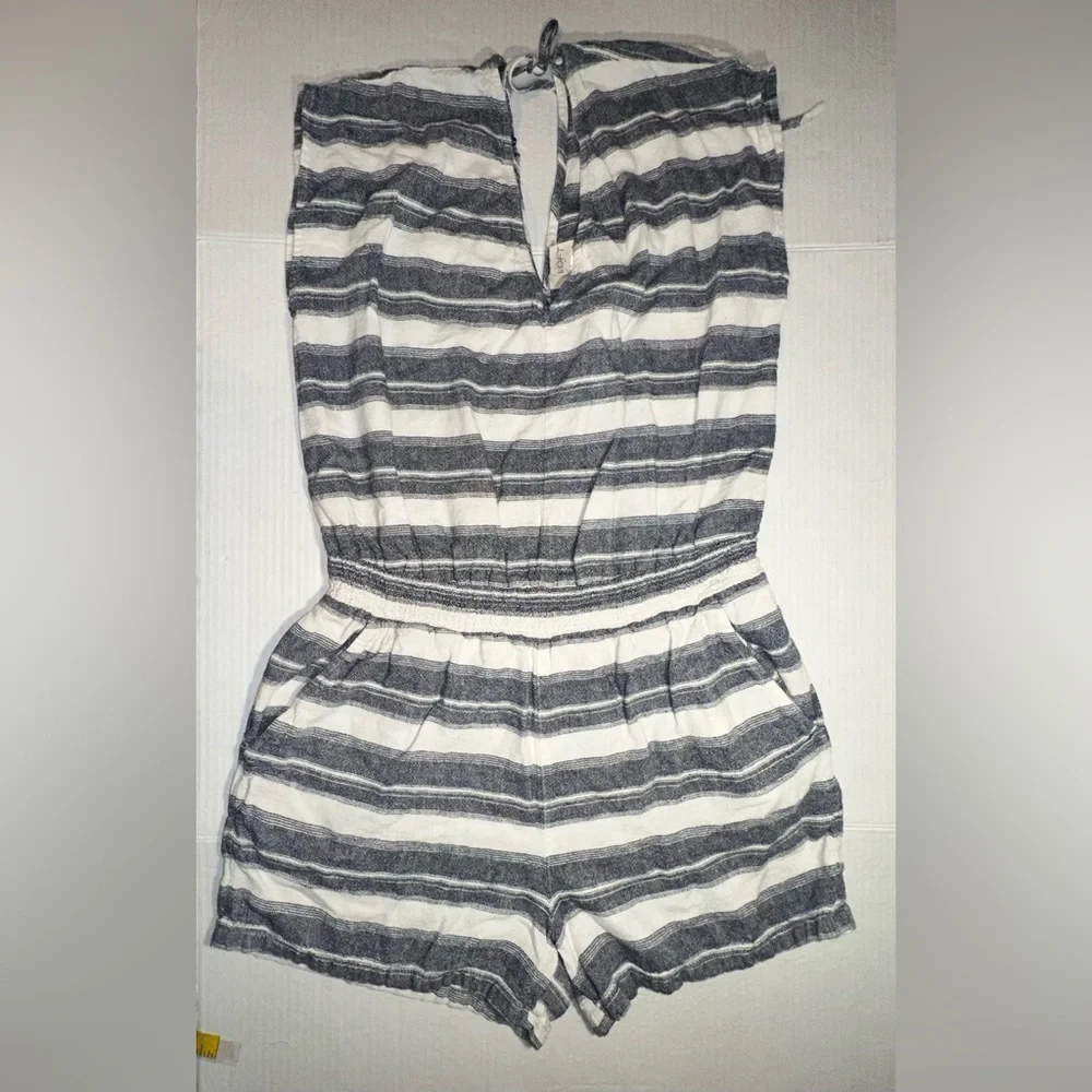 Ann Taylor Loft Romper‎ Jumpsuit Women Sz M Blue White LinenBoho Girlcore Beach